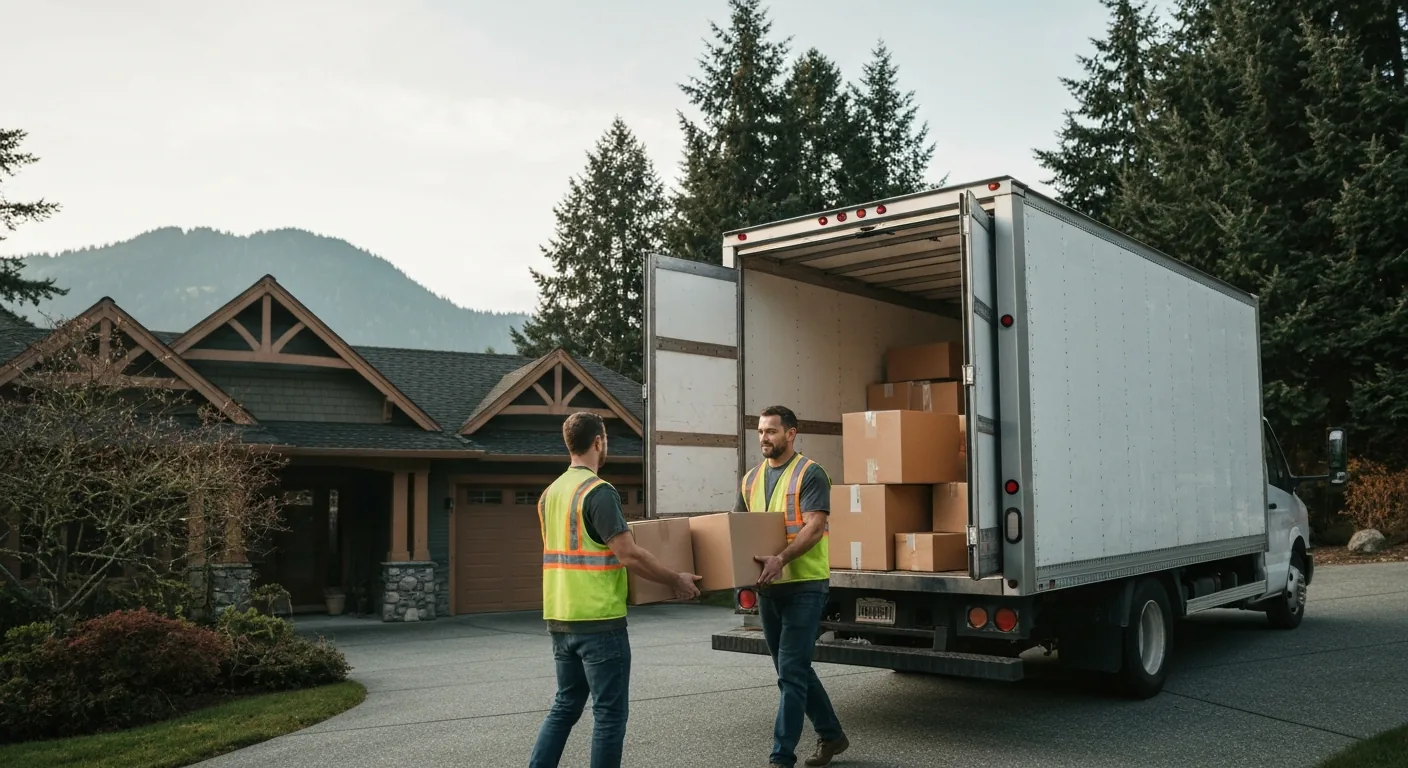 Professional movers in hi-vis vests loading a moving truck outside a Pacific Northwest home